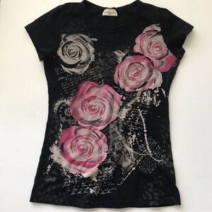 Black Floral Graphic Tee with Pink Roses - Women's Top